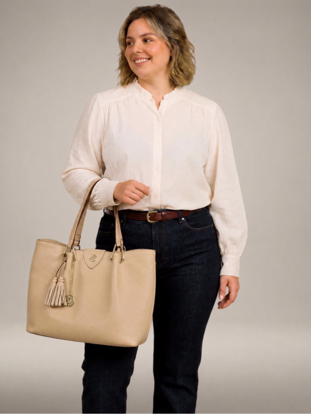 Anne Klein Ivory Ruffled Neck Button-Front Blouse - Picture 3 of 10